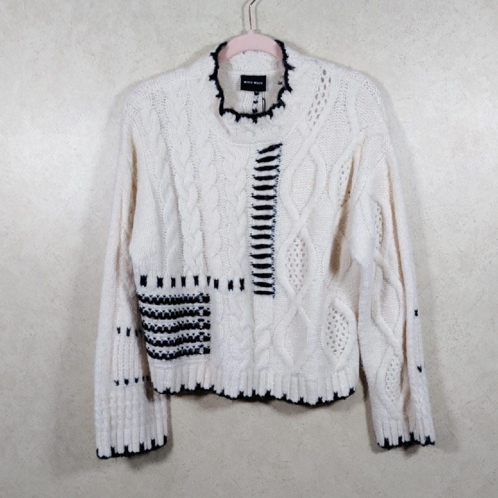 5145 Miou Muse cream & black chunky multi-knit sweater L NWT